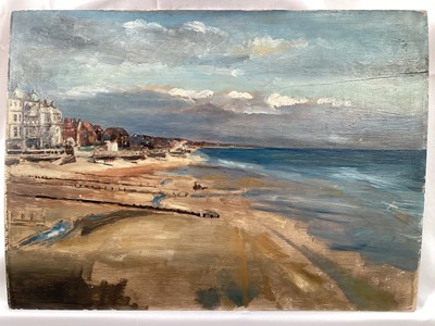 Lot 90 - English School, early 20th century, oil on panel - Coastal Town, 26cm x 35cm, unframed