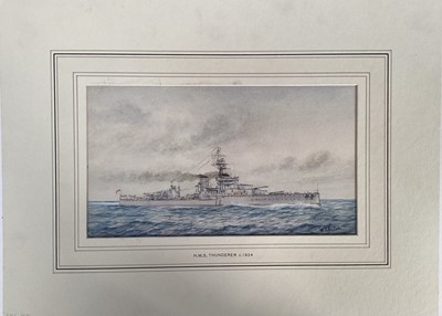 Lot 92 - W. Sutton, watercolour - H.M.S. Thunderer at sea, circa 1924, 15cm x 25.5cm, mounted