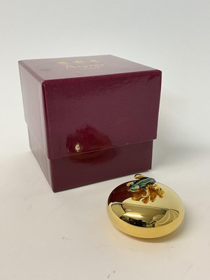 Lot 4 - Asprey of London 24ct gold plated paperweight surmounted by a gem-set frog, in original box