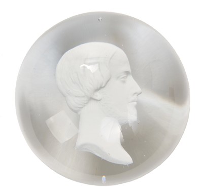 Lot 53 - 19th century Clichy sulphide glass paperweight decorated with a portrait of Henri, Count of Chambord and Duke of Bordeaux, the Legitimist pretender to the throne of France as Henri V from 1844 u...