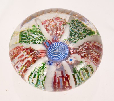 Lot 225 - 19th century French glass millefiori paperweight, with green and red segmented decoration around central blue core