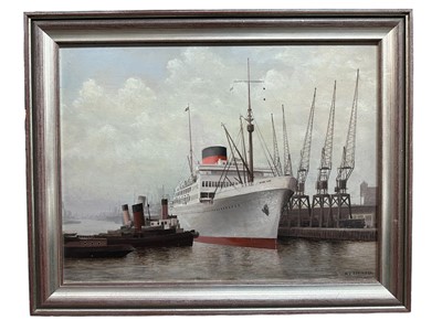 Lot 362 - H.C. Robinson, oil on board, first half 20th century, Steamer and Tug in the Docks, signed, 30cm x 39cm, framed