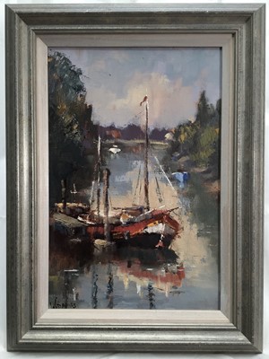 Lot 144 - William Davies (b.1928) oil on board - Dutch Barge at Richmond, signed, framed, 38cm x 25cm Exhibited: The Wapping Group of Artists