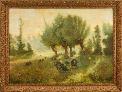 Lot 1306 - Ferdinand Maillaud (1862-1948) oil on canvas - Turkeys and a Figure in a Landscape, signed, 74cm x 100cm, in gilt frame