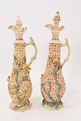 Lot 240 - Pair of 19th century English porcelain ewers, decorated in the Meissen 'Schneeballen' style, with moulded canaries, crossed swords marks