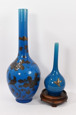 Lot 242 - Two antique Japanese blue ground pottery vases, decorated in gilt lacquer with birds and flowers