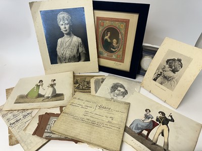 Lot 359 - Hay Wrightson black and white portrait photograph of H.M Queen Mary, three Victorian velum indentures, portrait print of Queen Victoria and other unframed works