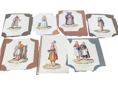 Lot 166 - Group of seven 1820s watercolour illustrations depicting figures in national costume to include Albania and Corfu, each inscribed and dated, unframed, average size 23cm x 19cm