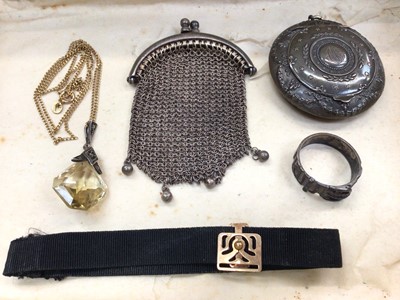 Lot 1133 - Silver powder compact, small silver mesh purse, silver buckle ring, ribbon bracelet and a 9ct gold chain with pendant