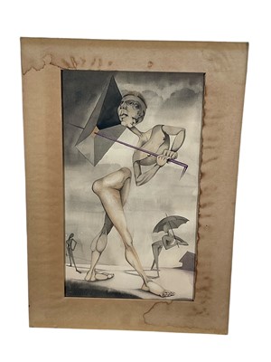 Lot 171 - Mid 20th century surrealist watercolour, dissembled figures, signed and dated 'Holden 53', glazed frame, 32 x 19cm, glazed frame