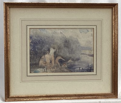 Lot 174 - Manner of Henry Scott Tuke (1858-1929) watercolour - Figures bathing, indistinctly signed, 17 x 25cm, glazed frame