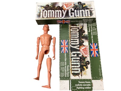 Lot 160 - Pedigree vintage Tommy Gunn 12" action figure (Made in England) Battle Ready boxed, plus one other Pedigree (Made in England) action figure (leg & arm detached) and two Battle Ready box lids (1 box)