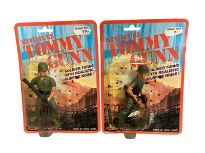 Lot 158 - Pedigree vintage Tommy Gunn Rank & Medals and Sandbags & Entrenching Tool cards, plus Bazuka & Mortar and Equipment Manual, plus Zodiac Toys miniature action figures & armoury pen (1 box)