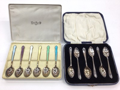 Lot 71 - Set of six Norwegian sterling silver and guilloche enamel coffee spoons and one other set of six 1920s silver coffee spoons