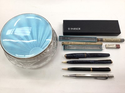 Lot 1058 - Silver mounted blue enamel glass dressing table pot, silver pencil and three vintage Parker pens