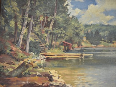 Lot 199 - George Farais (Canadian) pair of oils on board - "Road to Long Lake, Quebec" and "Long Lake Shore"