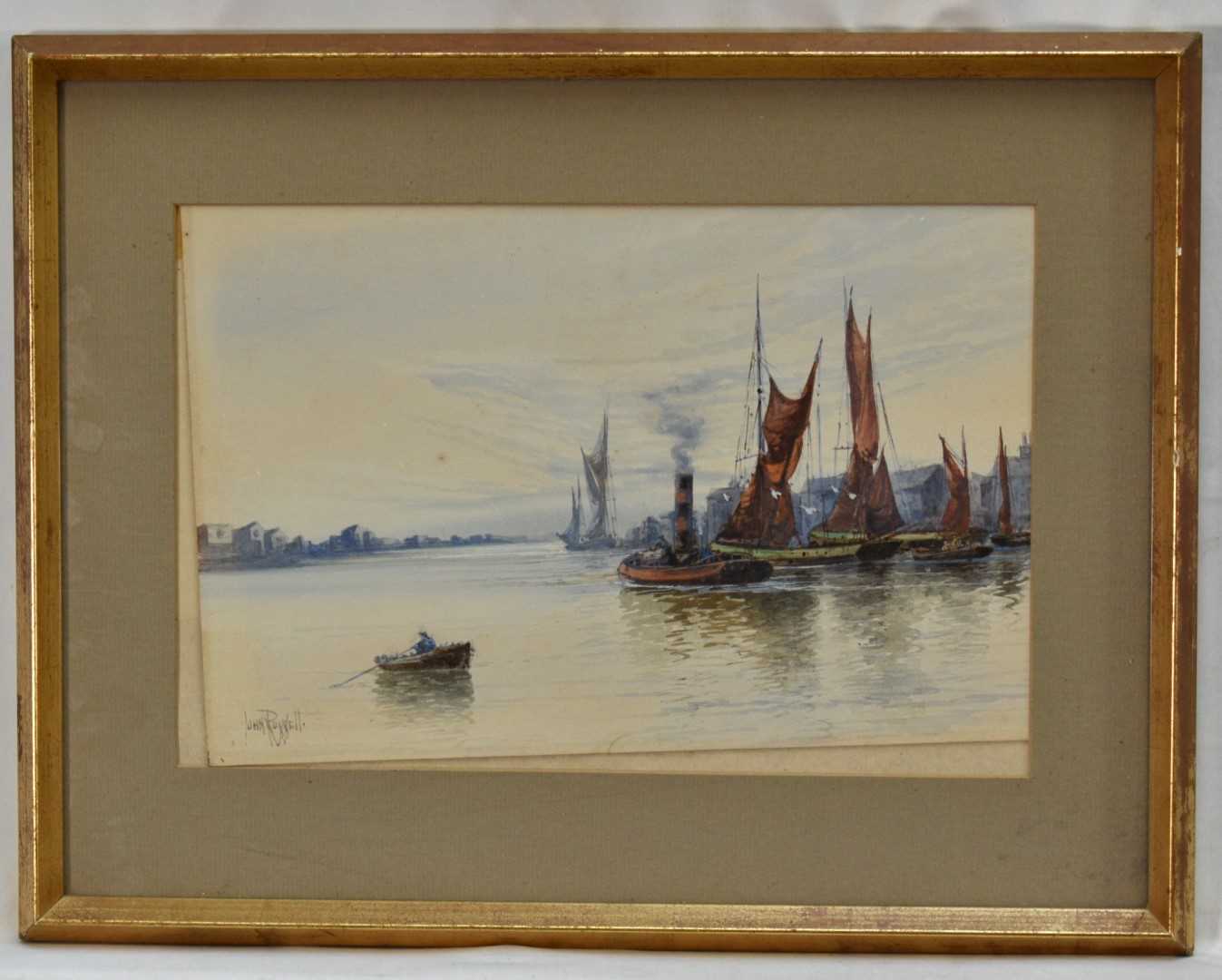Lot 200 - John Wentworth Russell (Canadian, 1879-1959) watercolour - Canadian Port, signed, 19cm x 29cm, in glazed gilt frame