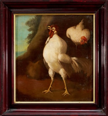 Lot 1311 - Naïve School oil on panel - A Fighting Cock, 42cm x 39cm, in painted frame