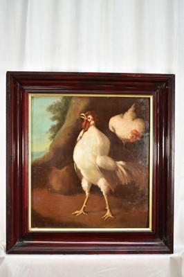 Lot 1311 - Naïve School oil on panel - A Fighting Cock, 42cm x 39cm, in painted frame