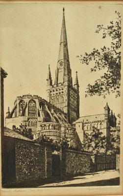 Lot 1398 - *Sybil Andrews (1898-1992) signed etching - Norwich Cathedral East End, 24.5cm x 16cm, in glazed frame