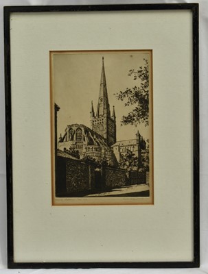 Lot 1398 - *Sybil Andrews (1898-1992) signed etching - Norwich Cathedral East End, 24.5cm x 16cm, in glazed frame