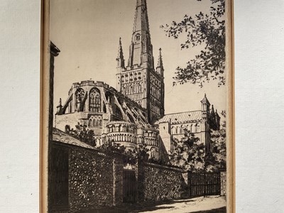 Lot 1398 - *Sybil Andrews (1898-1992) signed etching - Norwich Cathedral East End, 24.5cm x 16cm, in glazed frame