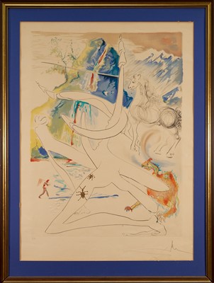 Lot 1381 - Salvador Dali lithograph - The Laser Unicorn Disintegrates the Horns of the Cosmic Rhinoceros, from Conquest of Cosmos, signed and inscribed EA, 76cm x 56cm, framed