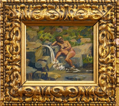 Lot 1397 - Anne Spalding (b. 1911) oil on board - Nude beside a Waterfall, signed and dated '58, 17cm x 21cm, in glazed gilt frame