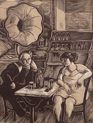 Lot 95 - Fernand Siméon (1884-1928) woodcut print - Le Bar, signed, titled and dated 1927, 21cm x 16cm, glazed frame