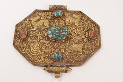 Lot 157 - Tibetan repousse brass and turquoise gau box