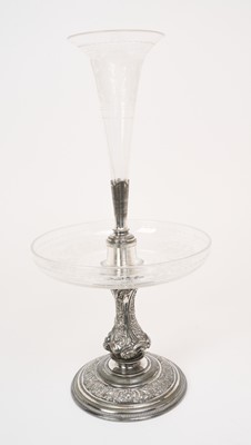 Lot 451 - Victorian Walker & Hall silver plated centrepiece/épergne with etched glass dish and vase