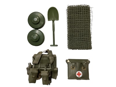 Lot 159 - Pedigree vintage Tommy Gunn uniforms & equipment including Paratrooper kit, Operations Map, Radio, Boots & Gaters, Trench Spade, Kit Bag, Helmet, First Aid Bag only, Mines, webbing &...