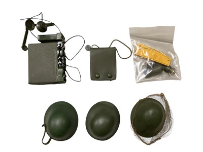 Lot 159 - Pedigree vintage Tommy Gunn uniforms & equipment including Paratrooper kit, Operations Map, Radio, Boots & Gaters, Trench Spade, Kit Bag, Helmet, First Aid Bag only, Mines, webbing &...