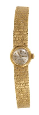 Lot 802 - 1960s ladies' Rolex Precision 18ct gold wristwatch on integral 18ct gold textured brickwork design bracelet, with an Omega clasp