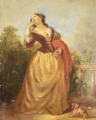 Lot 1312 - Attributed to Thomas Stothard (1755-1834) oil on board - Lady and a Dog on a Terrace, indistinctly inscribed verso, 21cm x 16cm, in gilt frame