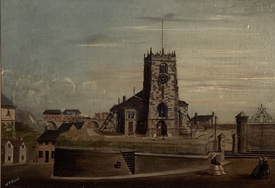 Lot 315 - E. Worrall (fl 1870’s) oil on paper - Bolton Old Parish Church, signed, 24cm x 35cm, in glazed frame