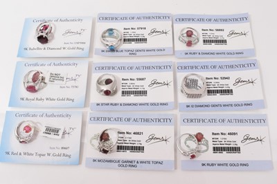 Lot 11 - Nine 9ct white gold gem set rings, with Gems TV certificates