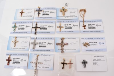 Lot 12 - Fifteen 9ct gold gem set cross pendants, one on 9ct gold chain and pair of 9ct gold gem set cross earrings, mostly with Gems TV certificates