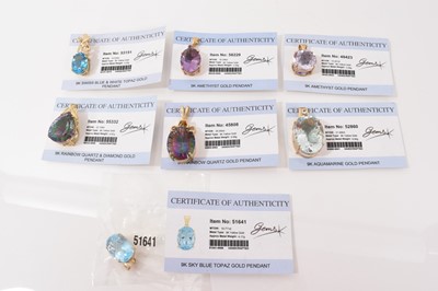 Lot 13 - Seven 9ct gold large gem set pendants, with Gems TV certificates