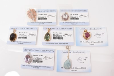 Lot 14 - Seven 9ct gold gem set pendants, with Gems TV certificates