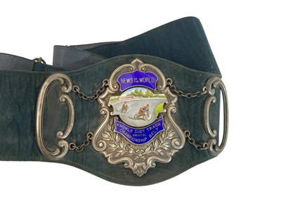 Lot 2634 - Speedway interest: Fine 1920s championship belt, mounted with silver plaques and central silver and enamel plaque