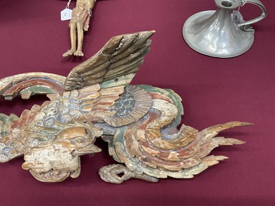 Lot 935 - Antique Chinese carved and painted pine carving of a Pheonix