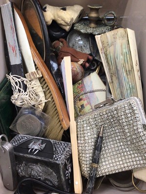 Lot 364 - Box of various items including vintage fans, hand mirror, brass chamber stick, artist's travel paints etc