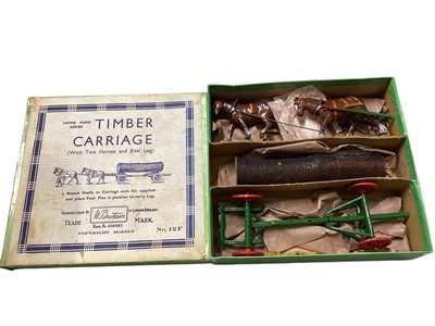 Lot 209 - Britains Home Farm Series Timber Carriage No.12F, Horse Roller No.9F & Horse Rake No.8F, all boxed (3)