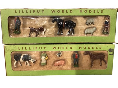 Lot 211 - Britains Lilliput Wood Farm Set (x2), Tumbrel Cart LV/606, Milk Float & Horse LV/605, Fordson Tractor LV/604, 12 Hurdles LP503, Benbros No.2 log cart, Wardie Wee World Series Tractor 7 Farm...