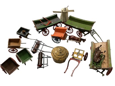 Lot 214 - Selection of lead farm figures, animals, greenhouse, various cars, wooden buildings etc.