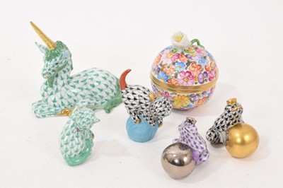 Lot 234 - Five Herend small porcelain animals, including a unicorn, two frogs, and two cats