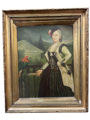 Lot 365 - Early 20th century English School, oil on board with printed element, Surrealist portrait with parrot, inscribed verso, 46 x 34cm, framed