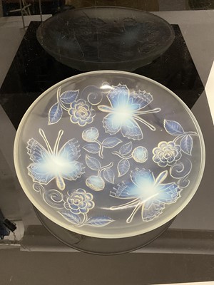 Lot 13 - Lalique style frosted glass dish, decorated with butterflies and flowers, 33cm diameter