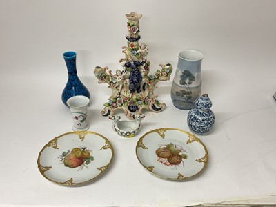 Lot 24 - Group of continental porcelain, including a figural candlestick, a Meissen Kakiemon style vase, a Bing & Grondahl vase, and a Porsgrund boat-shaped bowl